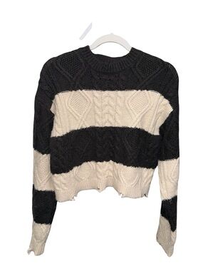 Zara Black and Cream Striped Cable-Knit Sweater